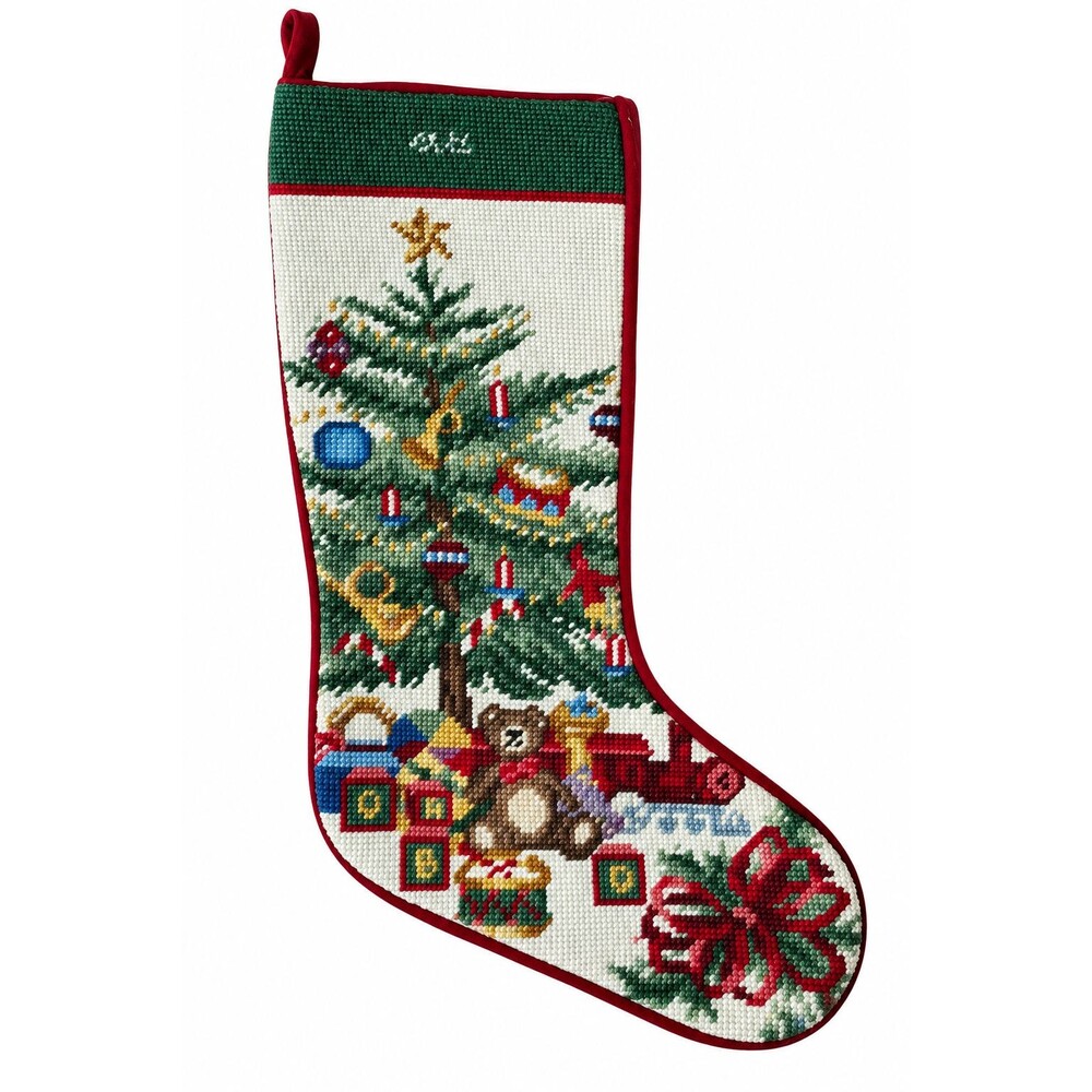 Needlepoint Stocking Christmas Tree Toys Presents Teddy Bear Velvet Back Holiday